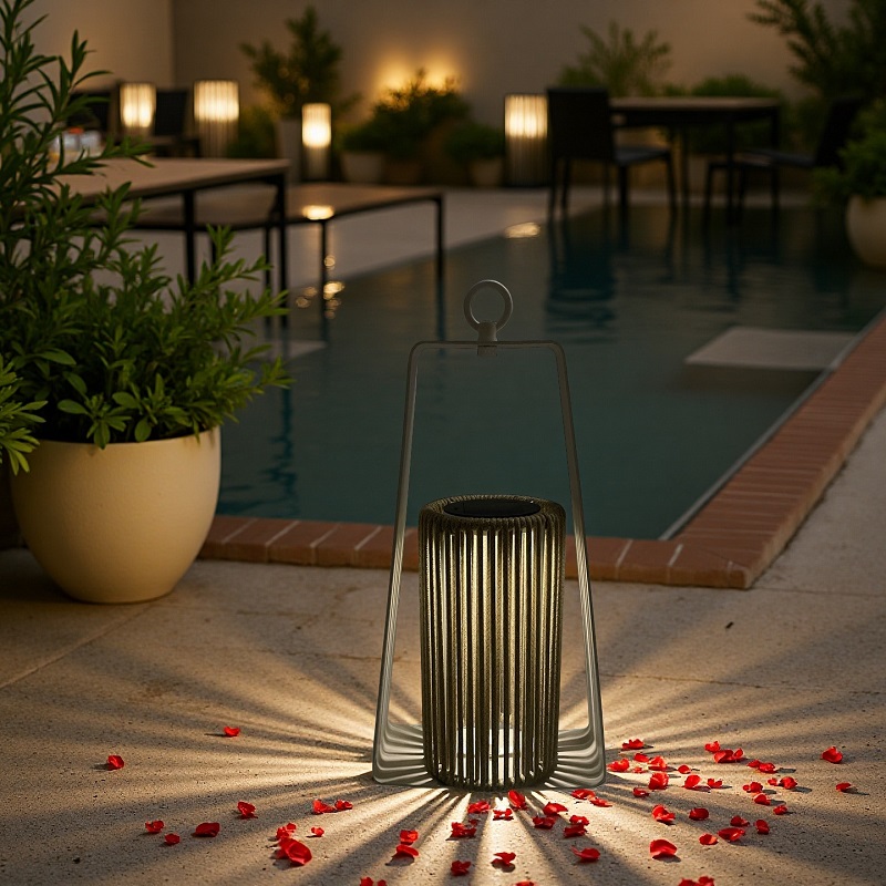Portable outdoor solar powered floor lantern by the pool